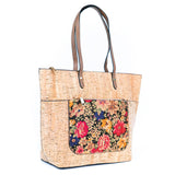 Natural Cork and Printed Cork Blend Tote Bag with PU Handles