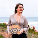 Three-Line Zipper Women’s Cork Crossbody Bag – Floral & Tile Pattern