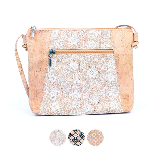 Floral White Print Cork Shoulder Bag with Zippered Pockets BAGP-258