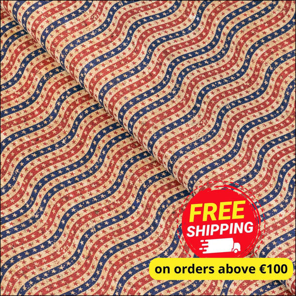 U.S.A. Collection: Natural Cork Fabric with United States of America Blue and Red Flag Stars Pattern COF-797 1/2M