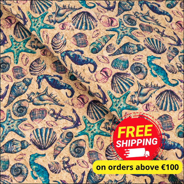 Vintage Seahorse & Shells Cork Fabric COF-637 cork fabric