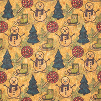 Natural cork Fabric Collection Christmas Snowman, ski boots, christmas tree pattern COF-330 - CORKADIA