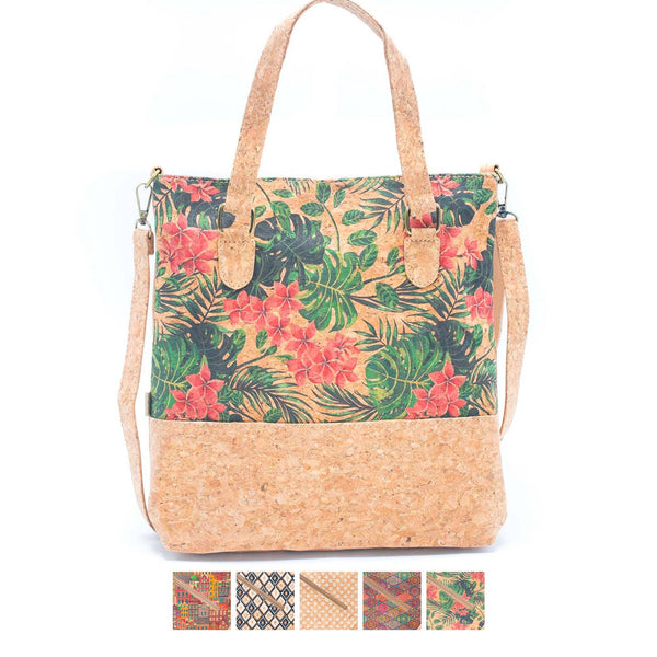 Womens vegan cork leather tote bag with floral pattern