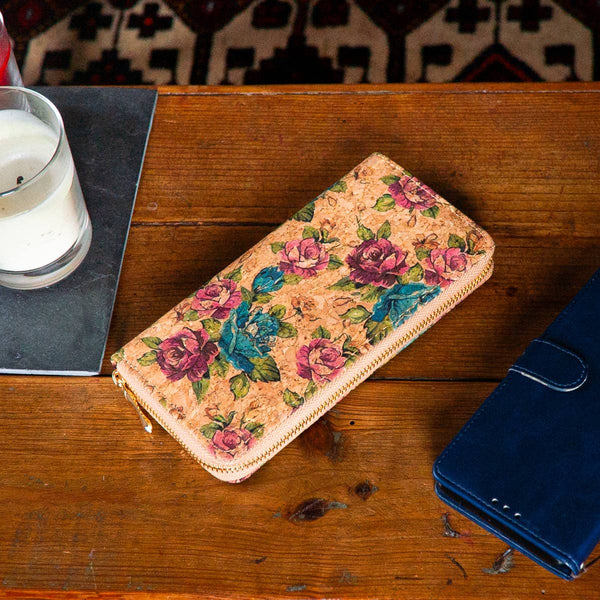 cork with flower pattern zipper wallet