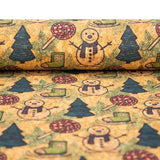 Natural cork Fabric Collection Christmas Snowman, ski boots, christmas tree pattern COF-330 - CORKADIA