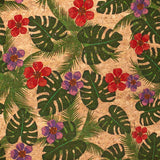 Large green banana leaves and red flowers pattern cork leather fabric COF-394 - CORKADIA