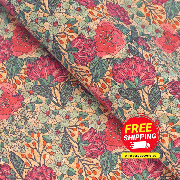 Colorful Red Flowers Pattern Cork Fabric-Cof-248-B Cork Fabric
