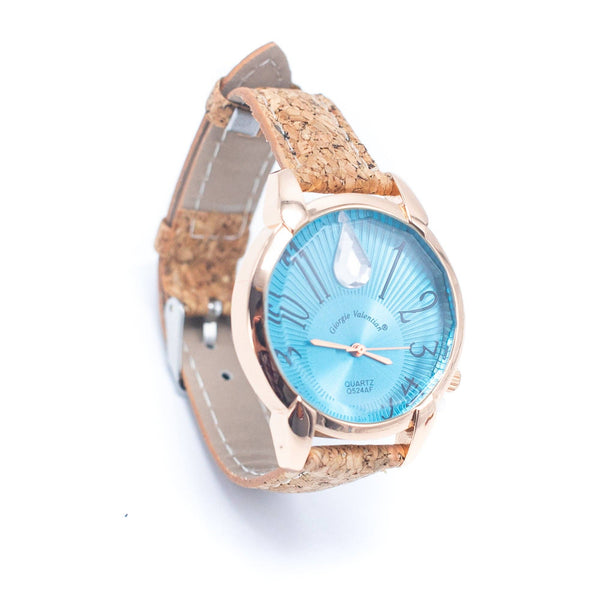 sustainable cork watch with azure blue face