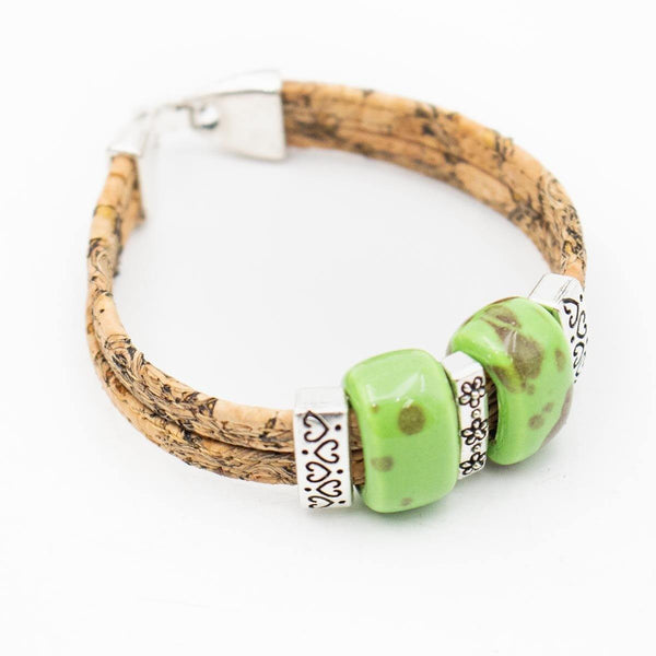 Natural cork bracelet with Ceramic beads handmade wood jewelry BRW-012 - CORKADIA