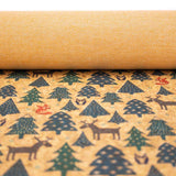 Christmas pattern tree, fox, elk and owl natural cork fabric COF-324 - CORKADIA
