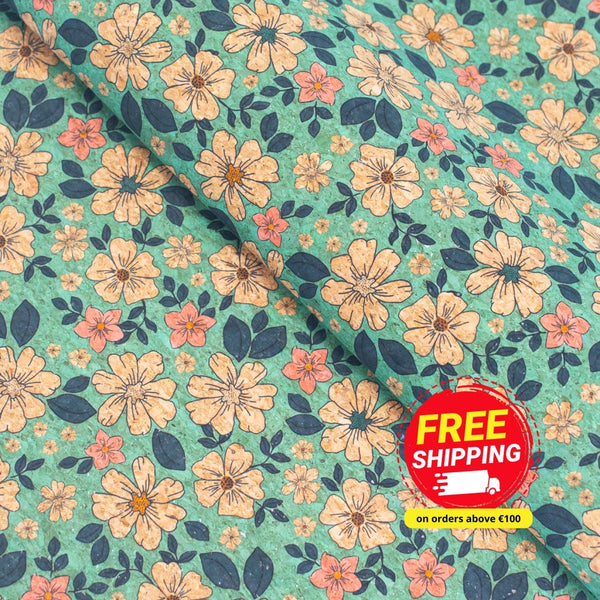 Green Flowers Pattern Cork Fabric Cof-335-B Cork Fabric