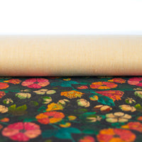 Natural Cork Fabric With Flower Print On Black Background Cof-474 Cork Fabric
